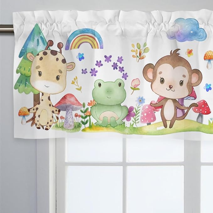 Woodland Animals Rainbow Valances 54''x18'' Baby Toddler Nursery Bedroom Decor Short Curtains Lion Giraffe Zebra Monkey Frog Forest Rod Pocket Window Drapes for Kitchen Barthroom Living Room 1 Pack