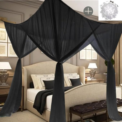 Bed Canopy Mosquito Net for Bed, Canopy Bed Curtains for Twin Full Size, 4 Corner Post Bedroom Canopy with USB String Light, Square Home Decor Bed Drapes for Kids Adults (Black-Light)