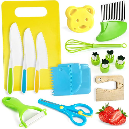 17 Pcs Montessori Kitchen Tools for Toddlers Kids Cooking Sets Safe Knife Set for Real Cooking Include Toddler Knives Cutting Boards Bear Sandwich Cutters Whisk Scissors for Birthday