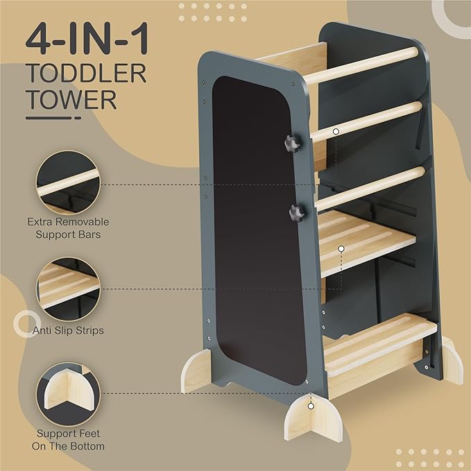 Toddler Tower Step Stool for Kitchen & Bathroom with Anti Slip Feet - 4 in 1 Adjustable Toddler Standing Tower, Perfect Toddler Kitchen Stool Helper for Growing Independence & Learning New Skills