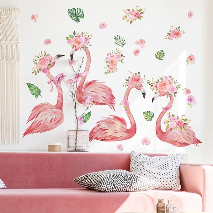 Pink Flamingo Wall Decals - Stylish Bird and Flower Stickers for Home Decor