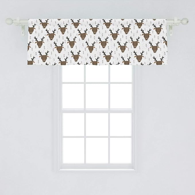 Ambesonne Landscape Window Valance, Winter Woods Theme Pattern of Deer Heads with Antlers and Fir Trees, Curtain Valance for Kitchen Bedroom Decor with Rod Pocket, 54" X 18", White Sepia