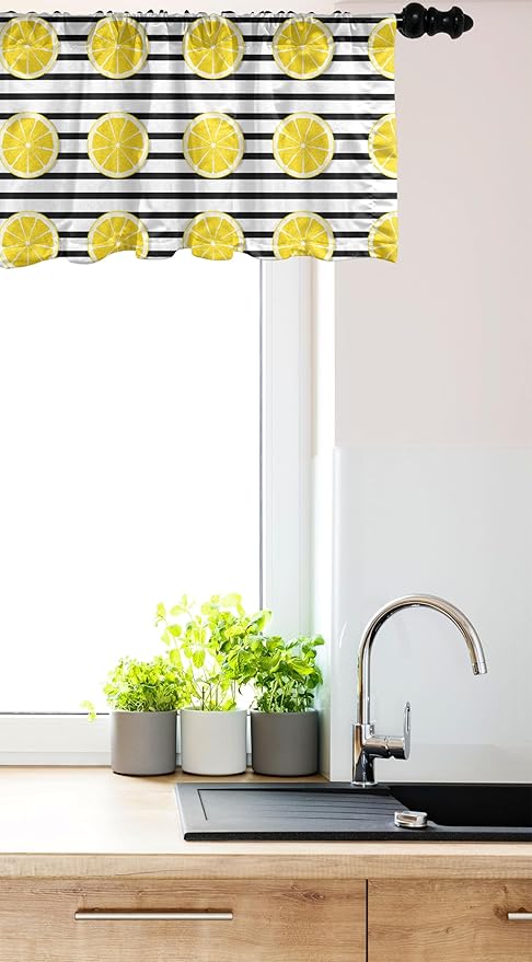 Ambesonne Lemons Window Valance, Citrus Fruits in Slices Pattern on Symmetrical Striped Background, Curtain Valance for Kitchen Bedroom Decor with Rod Pocket, 42" x 18", Yellow Charcoal Grey