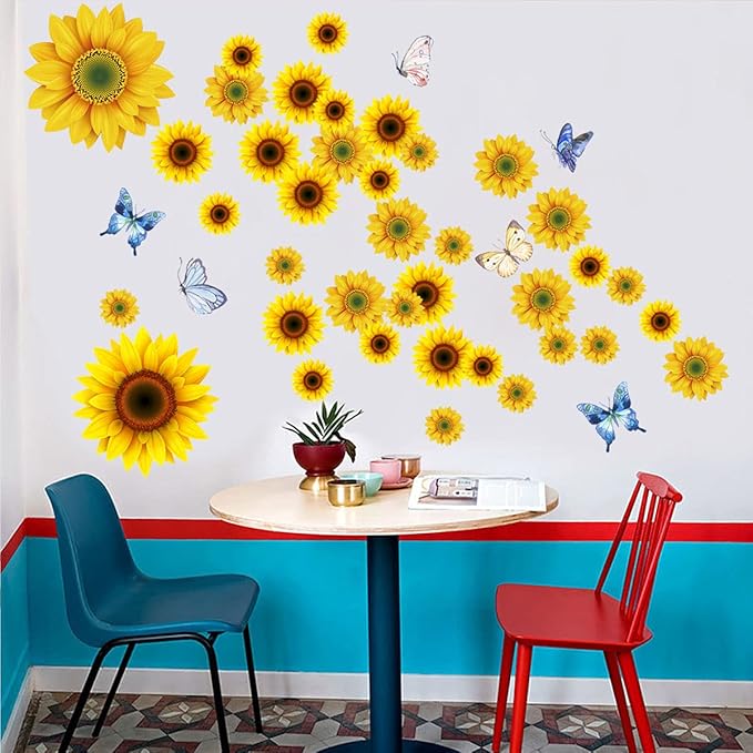 Sunflower Wall Stickers with 3D Butterfly Removable Yellow Flower Wall Decals Waterproof Sunflower Decor Mural for Nursery Baby Kids Bedroom Living Room Bathroom Kitchen Decoration (44 Pcs Yellow)