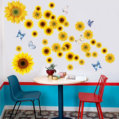 Sunflower Wall Stickers with 3D Butterfly Removable Yellow Flower Wall Decals Waterproof Sunflower Decor Mural for Nursery Baby Kids Bedroom Living Room Bathroom Kitchen Decoration (44 Pcs Yellow)