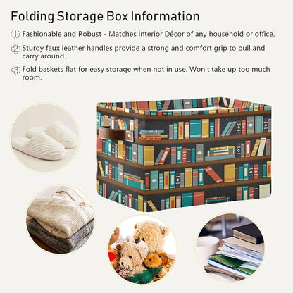 Colorful Bookshelf Book Storage Basket Bin for Shelves Closet Foldable Fabric Storage Box Cube with Handles Kids Gifts Toys Clothes Shelf Basket Organizer for Bedroom Nursery Home Decorative