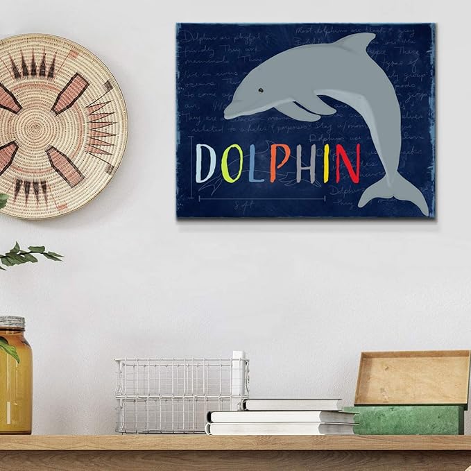 Renditions Gallery Canvas Animal Wall Art Home Paintings & Prints Blue Playful Dolphin Modern Abstract Vibrant Canvas Wall Hanging Decorations for Kids Bedroom Nursery - 12"x18" LT33