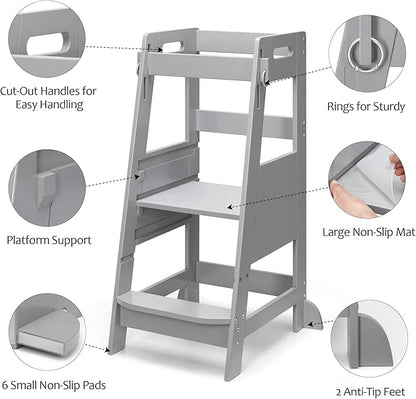 TOETOL Bamboo Toddler Step Stool Grey Learning Standing Helper Tower for Toddlers Kitchen Stools Counter 3 Height Adjustable Helper with Non-Slip Mat