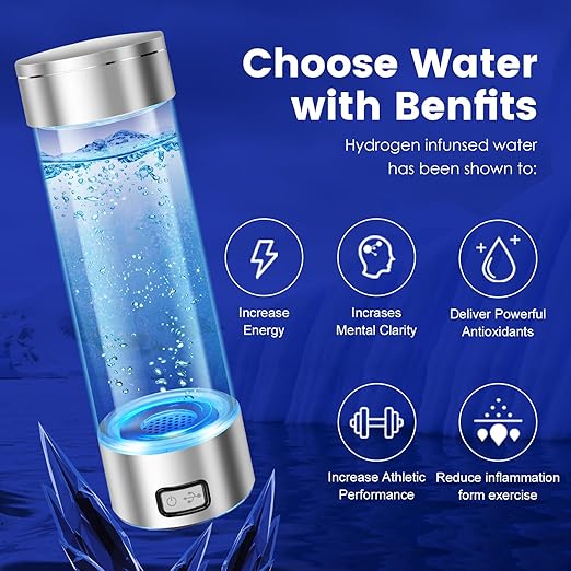 2024 Hydrogen Water Bottle, Portable Rechargeable Hydrogen Water Bottles Generator with SPE PEM Hydrogen Oxygen Separation Technology, 3 Min Quick Electrolysis, for Home Travel Office (Silver)