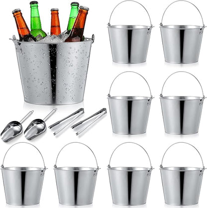 Zopeal 16 Pcs Galvanized Beer Bucket Metal Ice Buckets with Shovels and Tongs Large Steel Pail Tin with Handle for Party Wedding Wine Champagne Bar Kitchen Christmas Table Centerpieces (Silver)