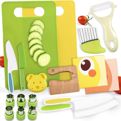 18 Pieces Montessori Kitchen Tools Cookware Baking Toy for Toddlers Kids, Toddler Safe Knife Set for Real Cooking, w/ Cutting Boards, Crinkle Cutter, Peeler, Serrated Edges and Wooden Safe Knives