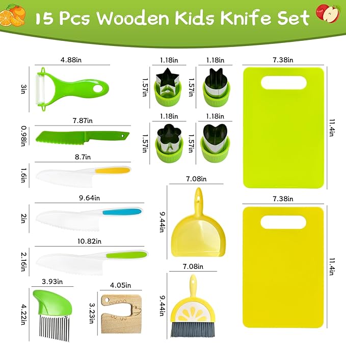 15 Pcs Montessori Kitchen Tools for Toddlers Kids Cooking Sets Safe Knife Set for Real Cooking Include Toddler Knives Cutting Boards Sandwich Cutters Peeler Dustpan Broom for Birthday