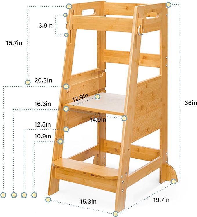 TOETOL Bamboo Toddler Step Stool Kids Kitchen Counter Learning Stool Standing Helper Tower 3 Height Adjustable Bathroom Sink with Safety Rail,Natural