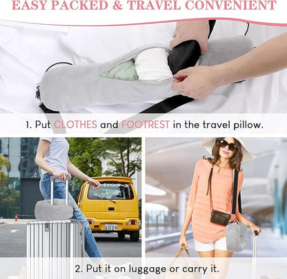 2 in 1 Stuffable Travel Neck Pillow for Extra Luggage & Airplane Footrest Set, Stuffable Neck Pillow for Travel, Airplane Foot Hammock, Fits 3+ Days of Airplane Travel Essentials (Grey)