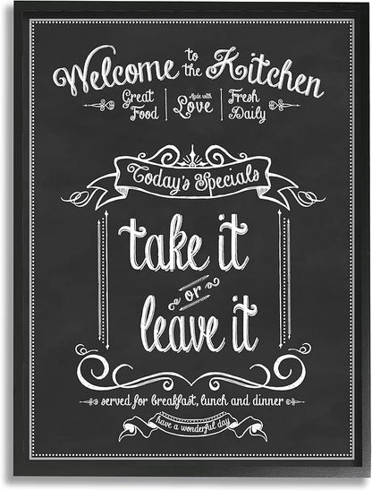 Stupell Industries Welcome to The Kitchen Chalkboard Style Vintage Sign, Design by Lettered and Lined Black Framed Wall Art, 24x30