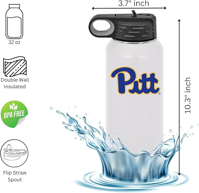 University of Pittsburgh 32oz Stainless Steel Double Walled White Beverage Bottle with Flip Straw Spout - College Gear for Playoff Season – For Office, Home or Auto – Show your Panthers Pride