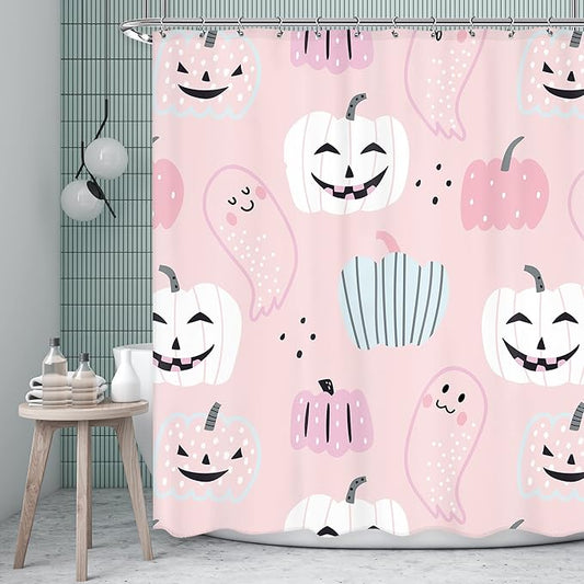 Pink Halloween Pumpkin Shower Curtain 60Wx72L Inch Cartoon Cute Ghost Kids Shower Curtain Bathroom Set Funny Spooky Girl Child Trick or Treat Bath Curtain Bathtub Accessories Home Decor