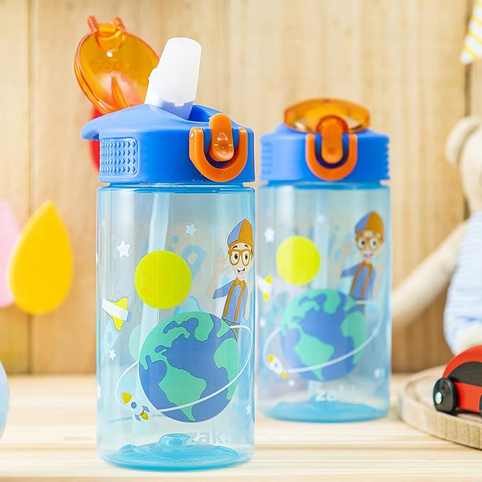 Zak Designs Blippi Kids Water Bottle with Spout Cover and Built-In Carrying Loop, Made of Durable Plastic, Leak-Proof Design for Travel (16 oz, Pack of 2)