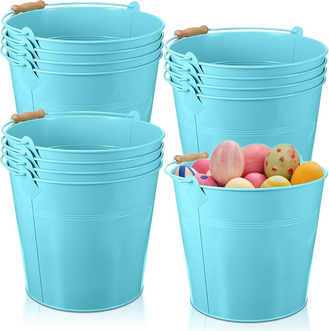 12 Pcs Large Galvanized Metal Buckets with Handle 10 Inch Heavy Duty Stainless Steel Pails Round Pail for Party Wedding, Crafts, Utensils, Table Centerpieces (Light Blue)