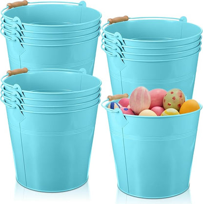 12 Pcs Large Galvanized Metal Buckets with Handle 10 Inch Heavy Duty Stainless Steel Pails Round Pail for Party Wedding, Crafts, Utensils, Table Centerpieces (Light Blue)