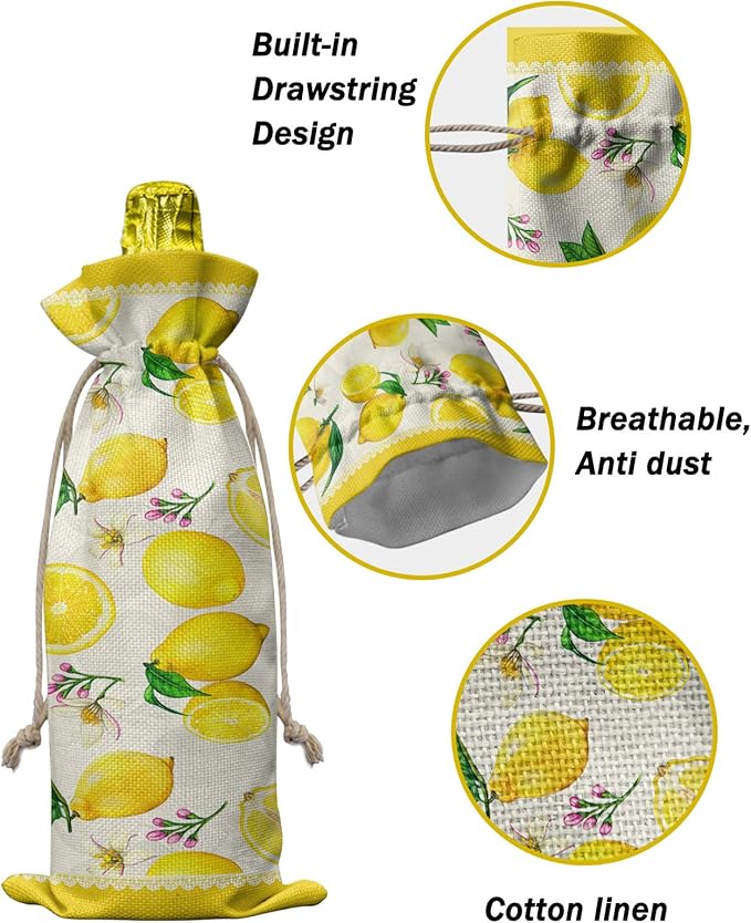 10 Pack Wine Bottle Bags, Summer Lemon Wine Bottle Cover with Drawstring, Yellow Tropical Lemon Spring Floral Gift Bag for Champagne Wedding Birthday Party