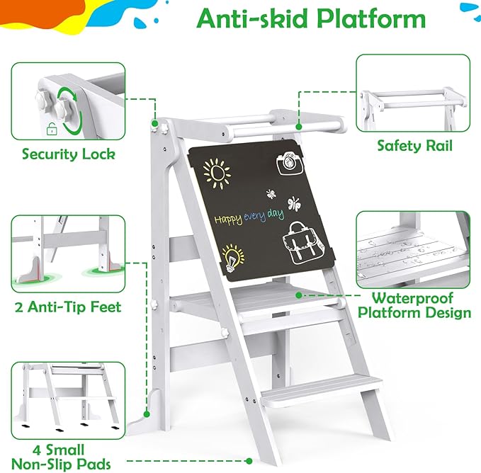 Toddler Tower Foldable, Montessori Kitchen Step Stool Helper, Learning Stool with Safety Rail & Drawing Board, 3 Adjustable Heights Standing Tower for Counter Bathroom Sink (White)