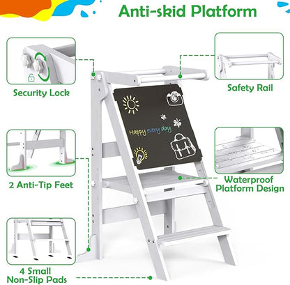 Toddler Tower Foldable, Montessori Kitchen Step Stool Helper, Learning Stool with Safety Rail & Drawing Board, 3 Adjustable Heights Standing Tower for Counter Bathroom Sink (White)