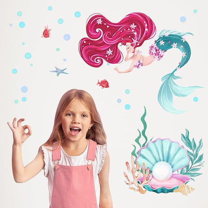 Mfault Mermaid Under The Sea Wall Decals Stickers, Shell Pearl Ocean Creatures Marine Life Nursery Decoration Girls Bedroom Art, Coastal Beach Bubble Fish Coral Toddler Kids Room Playroom Home Decor