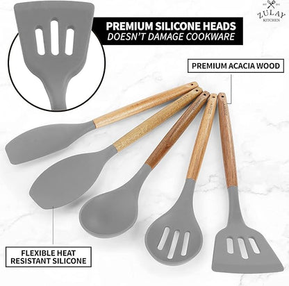 Zulay Kitchen Utensils Set Non-Stick Silicone Cooking Utensils Set with Authentic Acacia Wood Handles - 5 Piece Silicone Utensil Set - Silicone Kitchen Utensils Set with 464°F Heat Resistance - Gray