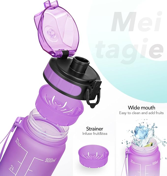 1000ml Motivational Water Bottle with Time Marker, Leak-proof BPA Free Tritan Drink Bottle with Fruit Strainer, Perfect for Fitness, Gym and Outdoor Sports