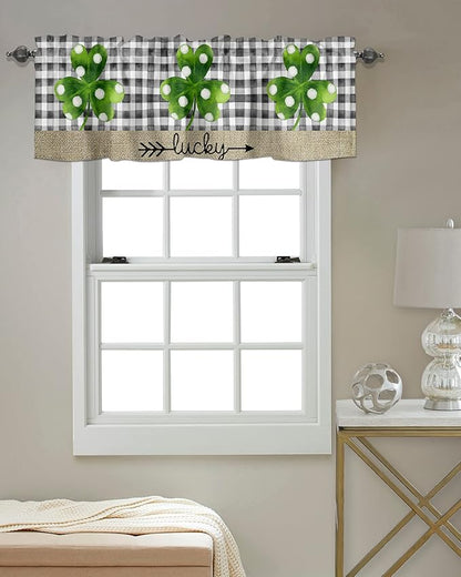 Vandarllin St. Patrick's Day Lucky Clover Shamrocks Valances Kitchen Curtains for Windows, Farmhouse Buffalo Plaid Rod Pocket Valances Short Curtains for Bedroom/Living Room,54" X 18" -1 Panel