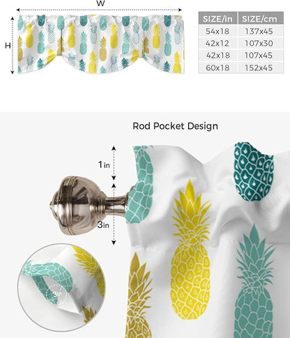 Tie Up Valance for Kitchen Living Room Farmhouse - Yellow Teal White and Blue Pineapple Rod Pocket Adjustable Tie-up Shade Valance for Small Window, Balloon Drape Valance 60x18 inches