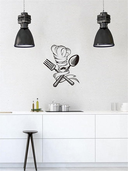 Whimsical Chef Wall Sticker: Kitchen Wall Art with Fork, Spoon, Chef Hat - Vinyl Décor Decal to Spruce Up Your Home Mural - Add a Touch of Culinary Charm Effect 17"x19"inch(Black-JZY048-Chef)