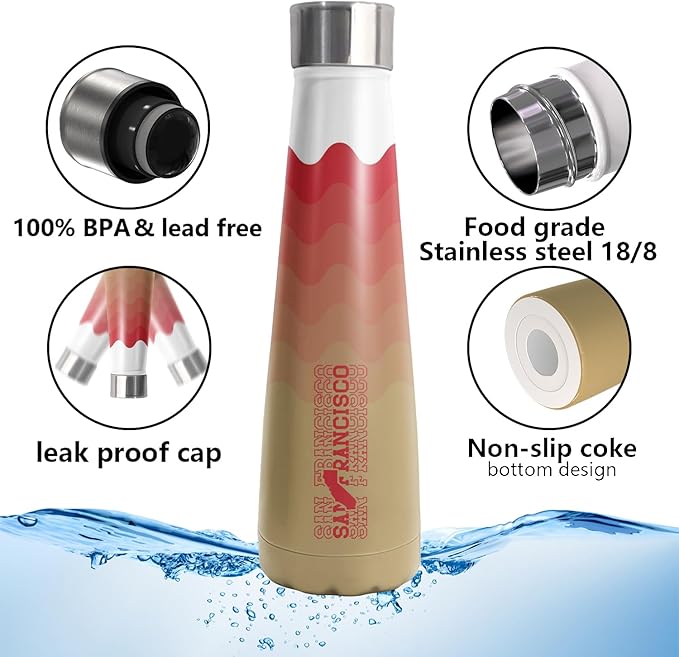 16oz San Francisco New Cola Bottle Insulated Water Bottle Stainless Steel Thermos Cup, Reusable Water Bottles Leak Proof Metal Sports Water Bottle