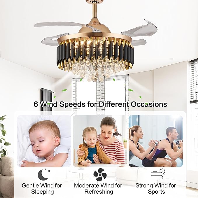 42" Gold Chandelier Ceiling Fans with Lights Crystal Ceiling Fan Chandelier Ceiling Fan with Lights Retractable Blade Fandelier Bladeless Ceiling Fans for Dinning Room Living Room Kitchen Foyer