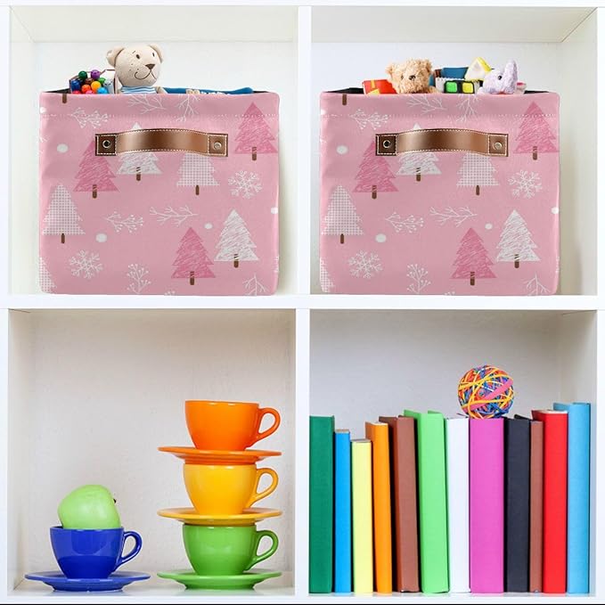 Christmas Tree Pink Storage Basket Fabric Kitchen Baskets Winter Snowflake Xmas Decorations Open Home Storage Bins Boxes Foldable Organizer Bag for Toy Book Shelf Closet Baskets 16×12×8 Inches