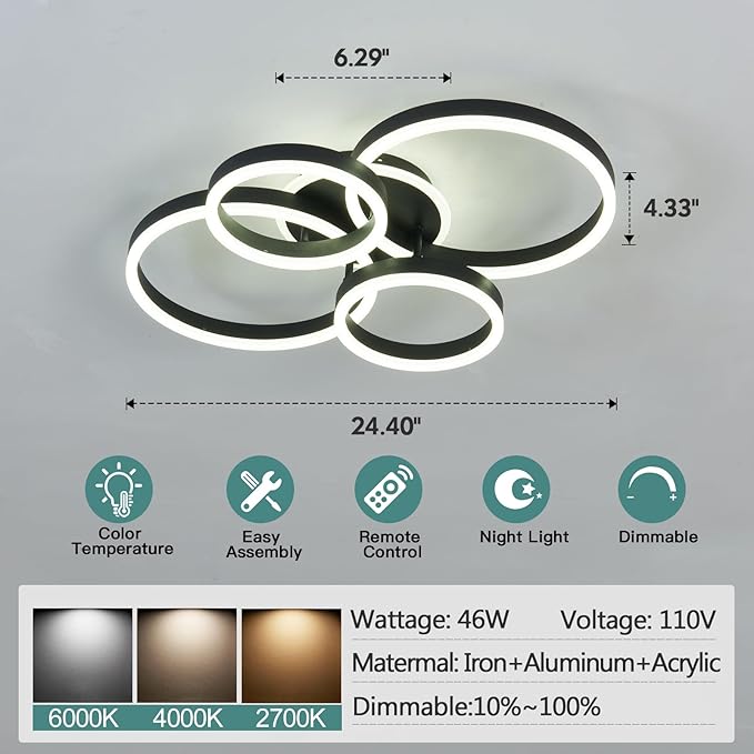 ZGLAOJT Modern Ceiling Light Fixture LED Dimmable Ceiling Light with Remote Control 5 Rings 46W Flush Mount Ceiling Lamp for Living Room Dining Room Kitchen Bedroom Farmhouse.