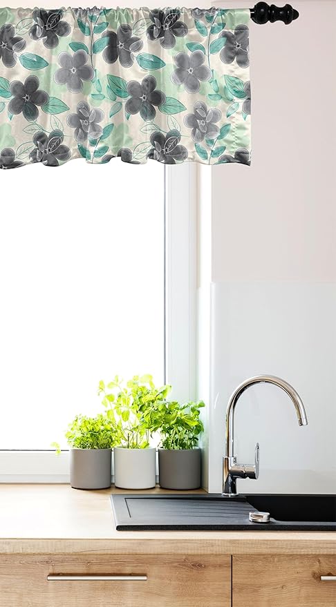 Ambesonne Floral Window Valance, Abstract Nostalgia Pattern with Retro Blooms and Leaves Romantic, Curtain Valance for Kitchen Bedroom Decor with Rod Pocket, 42" x 12", Charcoal Grey Mint Green