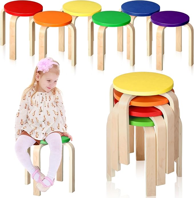 6 Pcs 12 Inch Bentwood Stacking Stool for Kids Colored Durable Round Nesting Stool Flexible Wood Stackable Stool Chairs for Playroom Daycare Home Classroom (Classic Color)