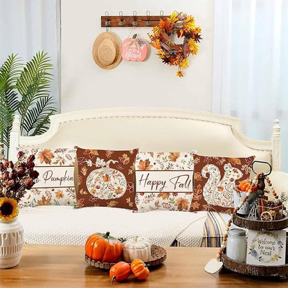 Fall Decorations for Home, Fall Pillow Covers 18x18 Set of 4, Thanksgiving Decorations Autumn Cushion Case for Couch(Fall08)