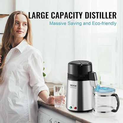 VEVOR Water Distiller, 4L 1.05 Gallon Pure Water Purifier Filter for Home Countertop, 750W Distilled Water Maker, Stainless Steel Interior Distiller Water Making Machine to Make Clean Water, Silvery