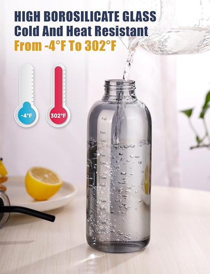 NiHome Glass Water Bottle 25oz/750ml with Two Caps, Stainless-Steel Straw, Brush and Silicone Cover, High Borosilicate Glass for Hot & Cold Beverages, Leak-Proof for Travel, Gym, Office (Smoky Gray)