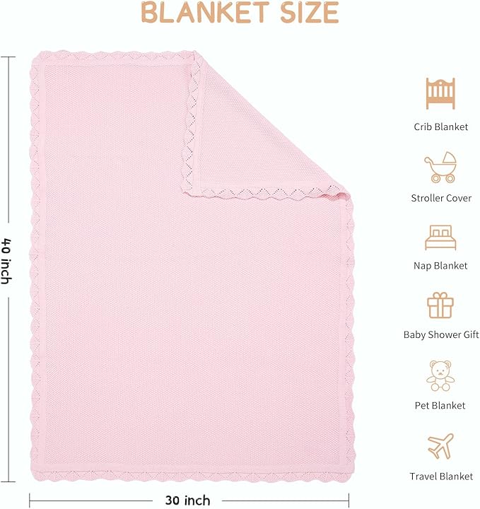 100% Cotton Baby Blanket Knit Soft Warm Lace Toddler Newborn Nursery Blanket,30 x 40 Inches, Light Pink