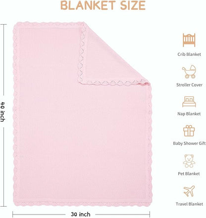 100% Cotton Baby Blanket Knit Soft Warm Lace Toddler Newborn Nursery Blanket,30 x 40 Inches, Light Pink