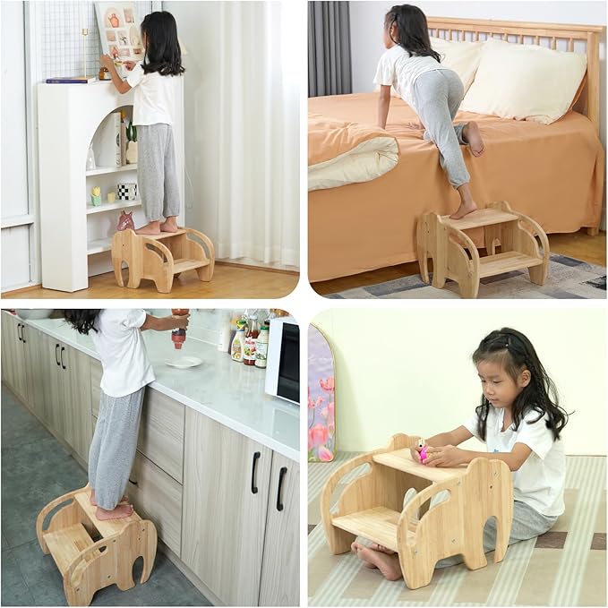 Wooden Step Stool for Kids Bathroom,Toddler Step Stool, Wood Kids Step Stools with Handles, Two Step Children's Stool for Bathroom, Kitchen, Bedroom, Potty Training (Elephant Shape)