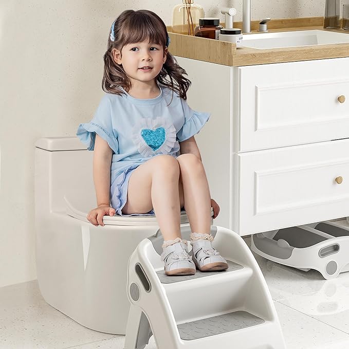 UNCLE WU Step Stool for Kids, Foldable Anti-Slip 2-Step, Lightweight, Safety Handles - Toilet Potty Training, Toddler Ladder Bathroom Sink,Kitchen Counter Stool Helper (Gray White) Small