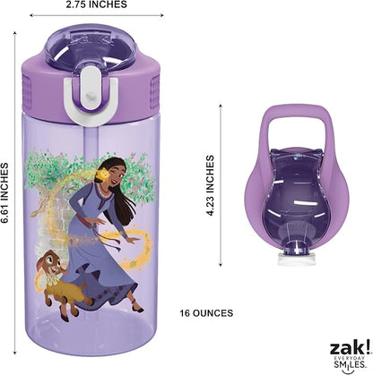 Zak Designs Disney Wish Kids Water Bottle For School or Travel, 16oz Durable Plastic Water Bottle With Straw, Handle, and Leak-Proof, Pop-Up Spout Cover (Asha & Valentino)