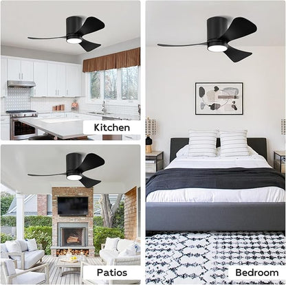 42 Inch Low Profile Ceiling Fan with Lights, Modern Flush Mount Ceiling Fan, 3 ABS Blades, 6-Speed, Reversible DC Motor, Noiseless, for Indoor/Outdoor Kitchen Bedroom, Black