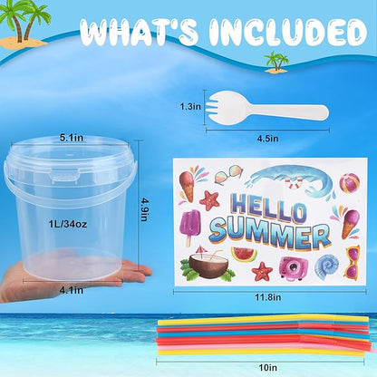 10 Pcs 1L/34oz Ice Cream Buckets with Lids and Handles Cocktail Rum Buckets Bacardi Buckets with 147 Stickers 20 Pcs Straw 10 Spork Drink Buckets with lids and Straws Clear Plastic Tub for Party