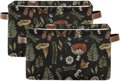 Mushroom Botanical Storage Basket Fabric Kitchen Baskets Dragonfly Berry Flowers Fern Open Home Storage Bins Boxes Foldable Organizer Bag for Baby Cloth Pet Toy Book Shelf Closet Baskets 16×12×8 IN